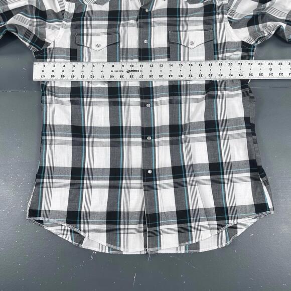 VTG Wrangler Shirt Men Large White Black Turquoise Plaid Pearl Snap USA Made 90s - Picture 5 of 8